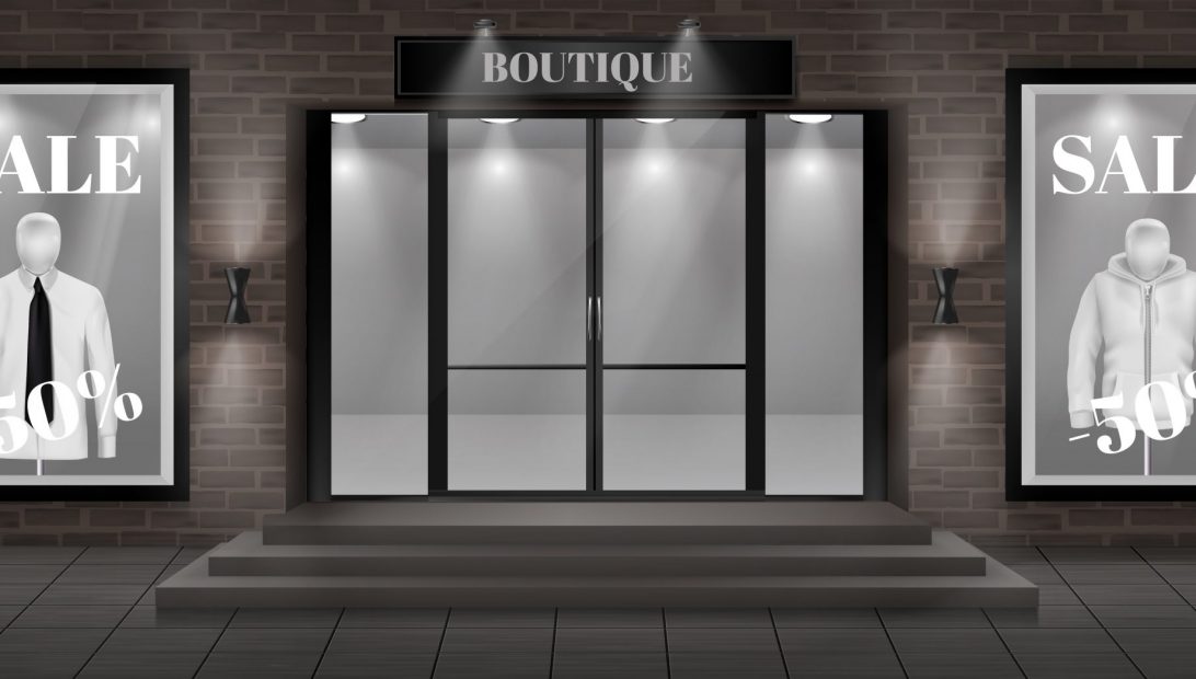 Vector concept background, boutique shop facade with signboard. Storefront with brick wall, entrance with steps, large glass door and empty illuminated showcases with discount clothing collection